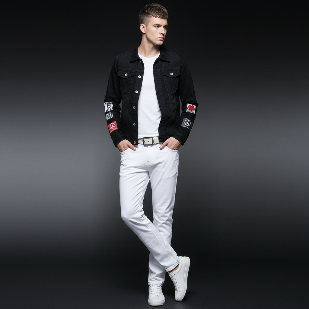 Men's Black Denim Jacket and White Pants Set, Slim Fit Casual Streetwear Outfit with Patch Detail
