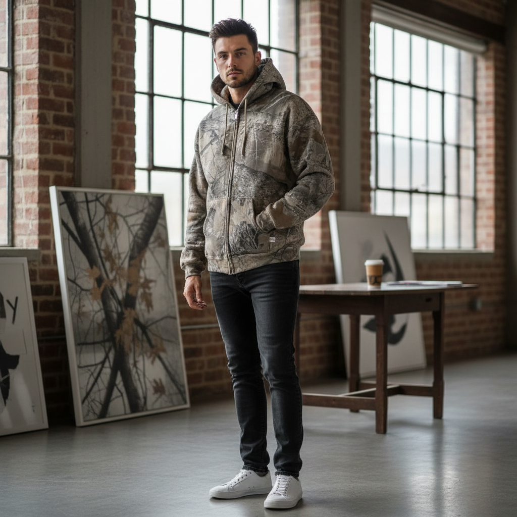 Retro Zip Up Hoodie Men Camouflage Pattern Zipper Sweatshirt High Street Hip Hop Streetwear Oversized Unisex Camo Hoodie