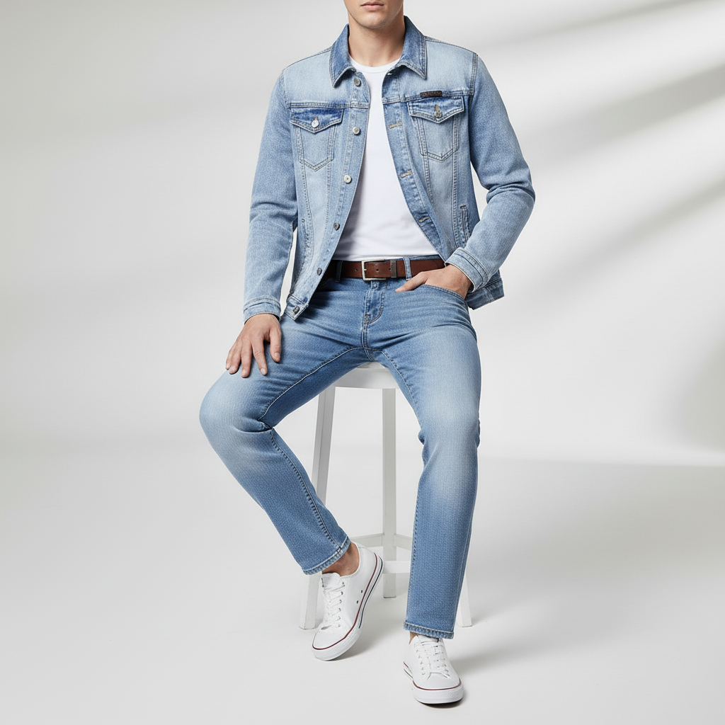 Men's Light Wash Denim Jacket and Jeans Set, Slim Fit 2 Piece Casual Fashion Outfit