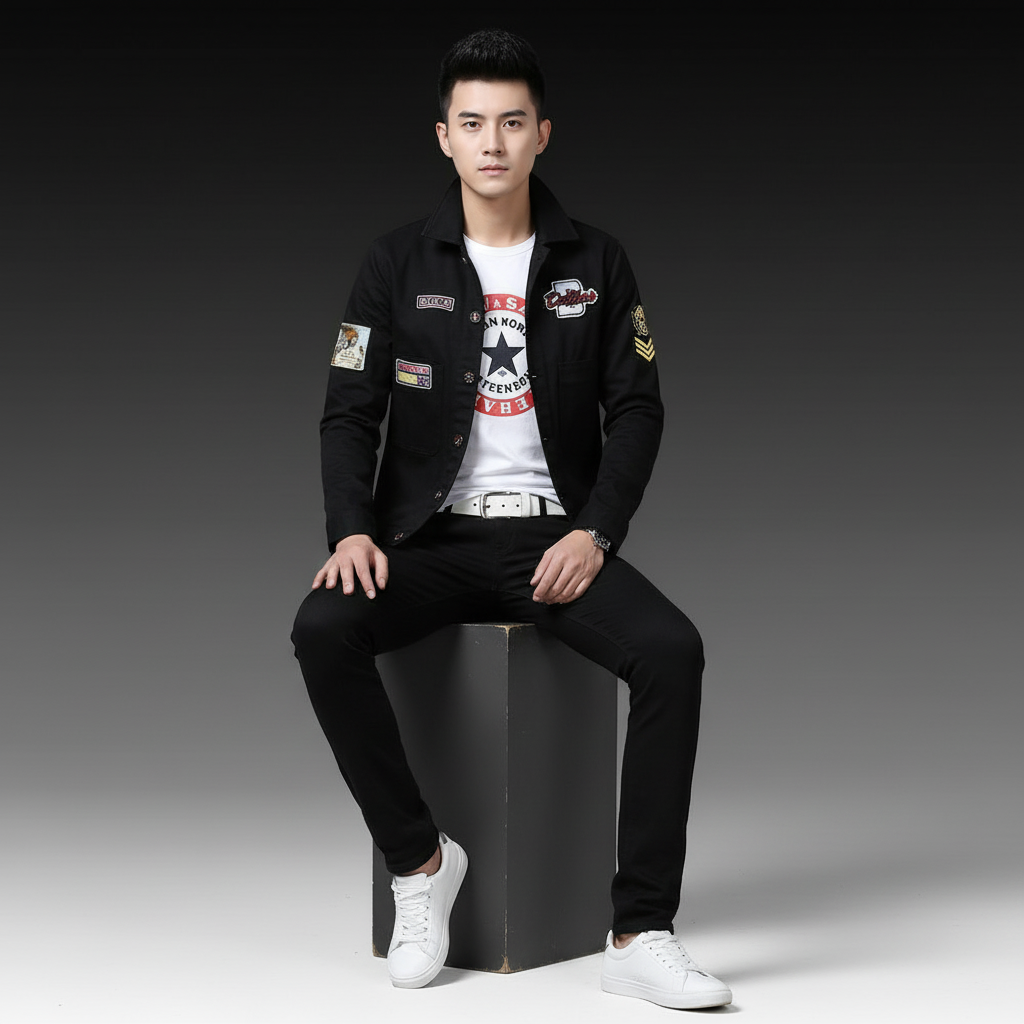 Men's Black Denim Jacket and Jeans Set, Slim Fit Streetwear Outfit for Men with Patch Detail