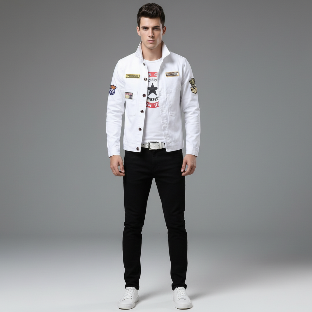 Men's White Denim Jacket with Black Slim Fit Jeans, Casual 2 Piece Streetwear Set with Patch Detail