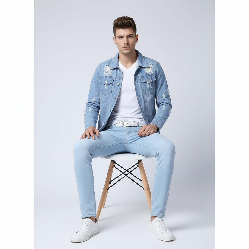 Men's Light Blue Denim Jacket, Ripped Slim Fit Jean Outerwear for Casual Street Style