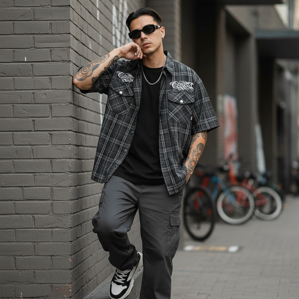 Chicano Safari Short Sleeve Shirt Mens Summer Streetwear Casual Loose Letter Embroidery Lapel Plaid Shirt Man