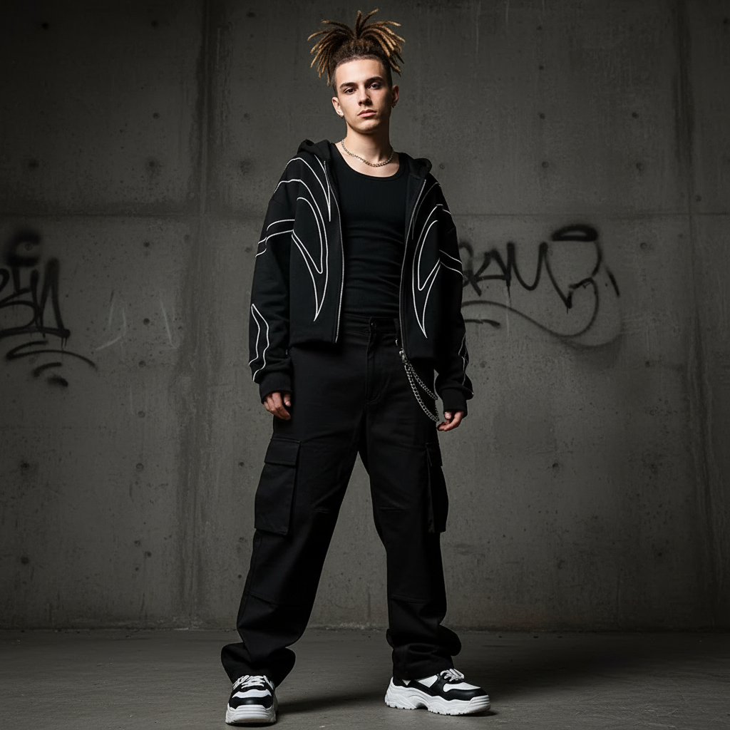 Street Retro Fashion Clothing Striped Embroidered Black Double Zipper Hoodie American Hip-hop Punk Oversized Sweatshirt