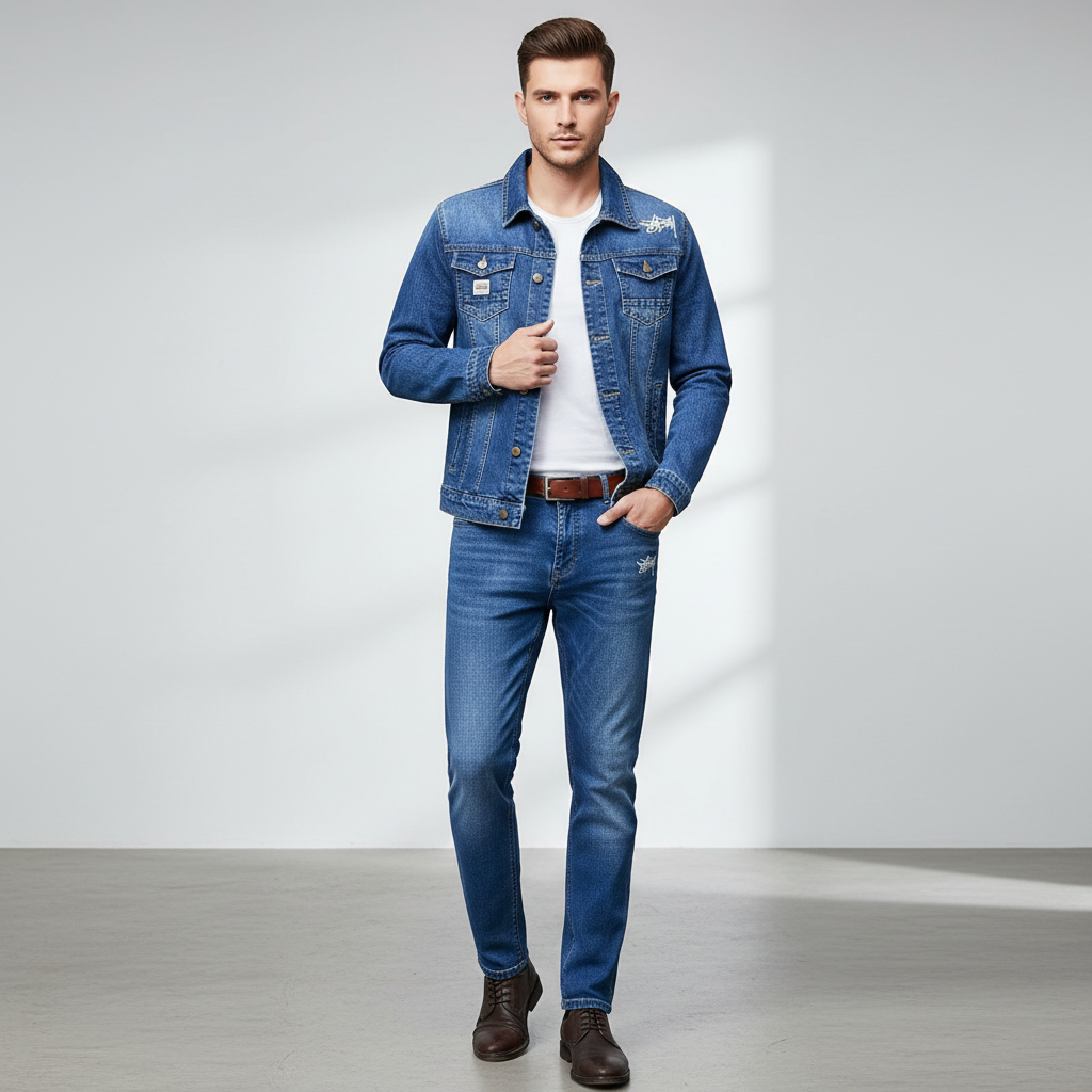 Men's Blue Denim Jacket and Slim Fit Jeans Set, Casual 2 Piece Streetwear Outfit for Men