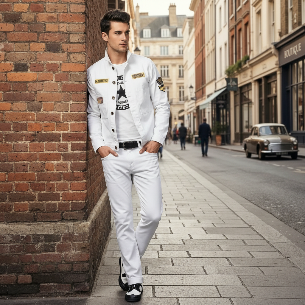 Men's All White Denim Jacket and Jeans Set, Slim Fit Casual Outfit for Men with Military Patch Detail