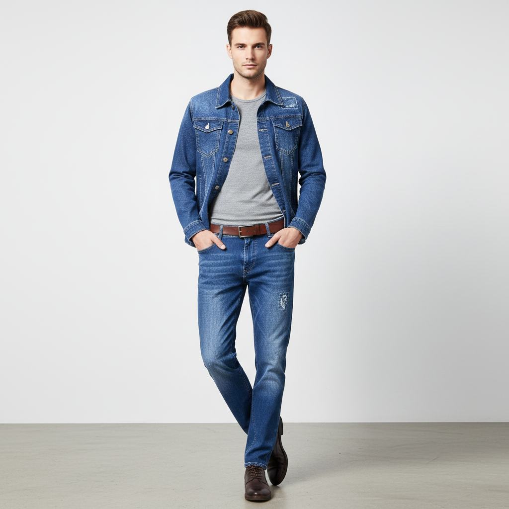 Men’s Loose Fit Denim Set – Korean Style Jacket & Jeans, Trendy Casual 2-Piece Streetwear Outfit