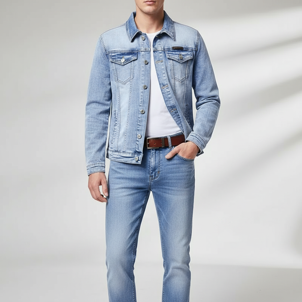Men's Light Wash Denim Jacket and Jeans Set, Slim Fit 2 Piece Casual Fashion Outfit