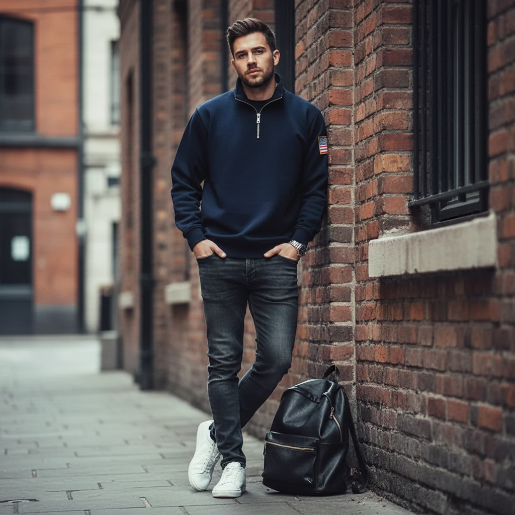 USA Retro Harajuku Embroidery Pullover Quarterzip Stand Collar Polo Shirt Sweatshirt Casual Men Clotheing