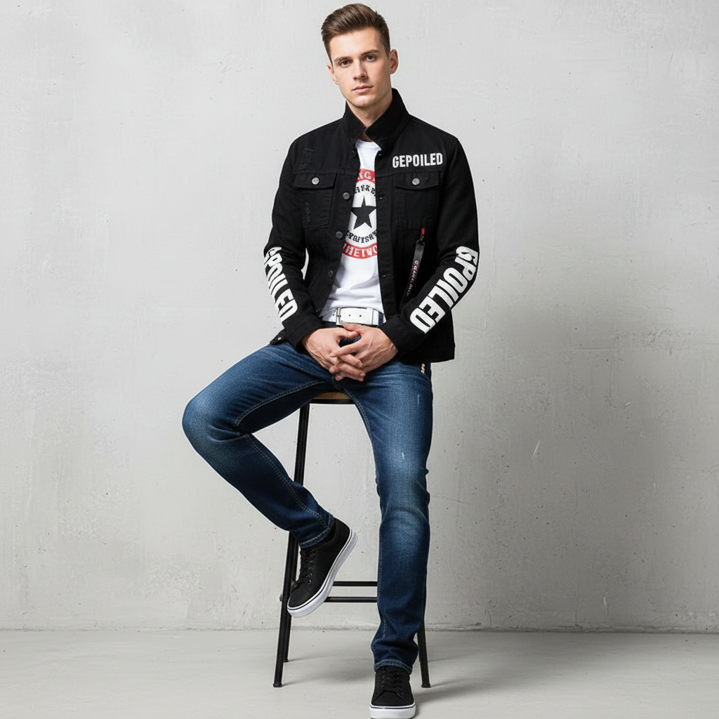Men Slim Fit Denim Jacket and Jeans Set, Slim Fit Jeans for Men, Streetwear Casual Suit, Black Blue Printed Outfit