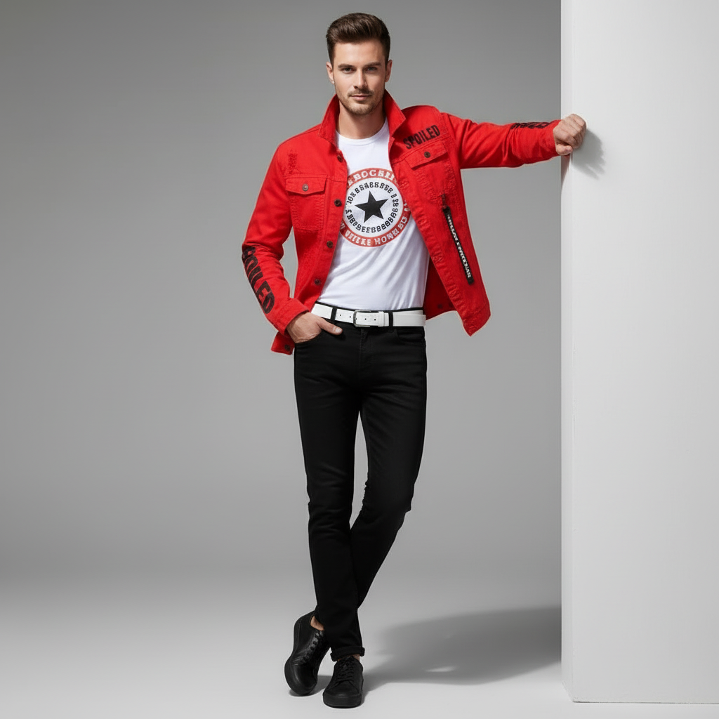 Men Slim Fit Red Denim Jacket and Jeans Set, Slim Fit Jeans for Men, Streetwear Casual Suit, Printed Outfit
