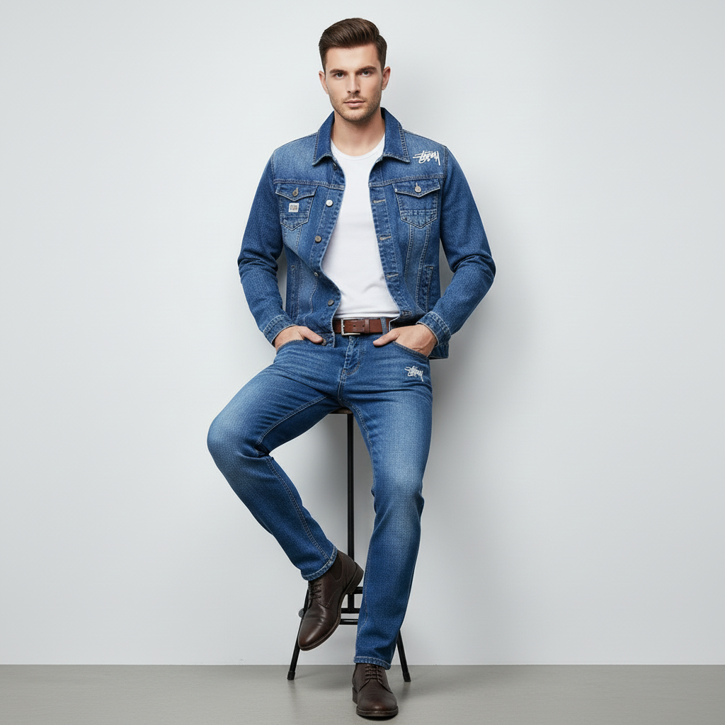 Men's Blue Denim Jacket and Slim Fit Jeans Set, Casual 2 Piece Streetwear Outfit for Men
