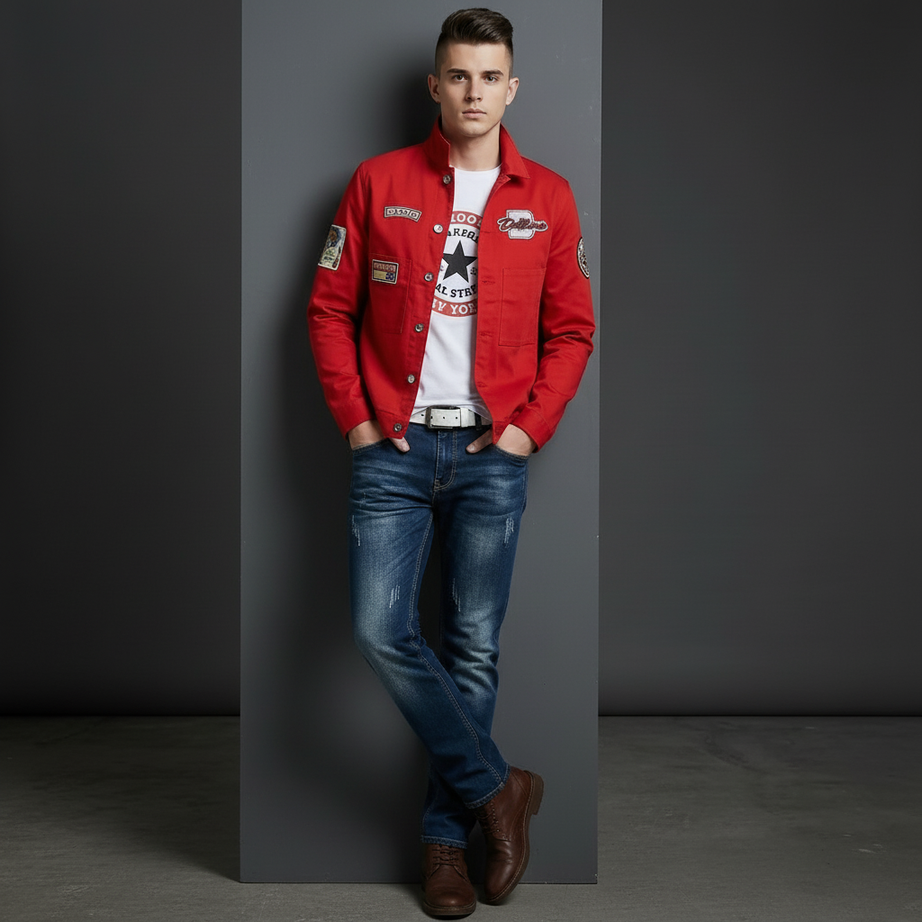 Men's Red Denim Jacket and Blue Jeans Set, Slim Fit Casual Streetwear Outfit with Patch Detail