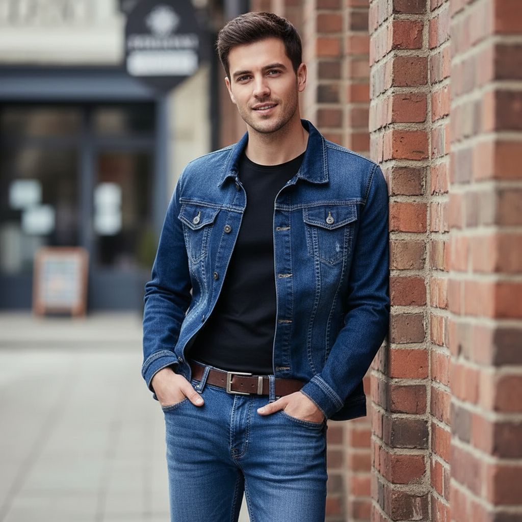 Men's Dark Blue Denim Jacket and Slim Fit Jeans Set, Casual 2 Piece Streetwear Outfit