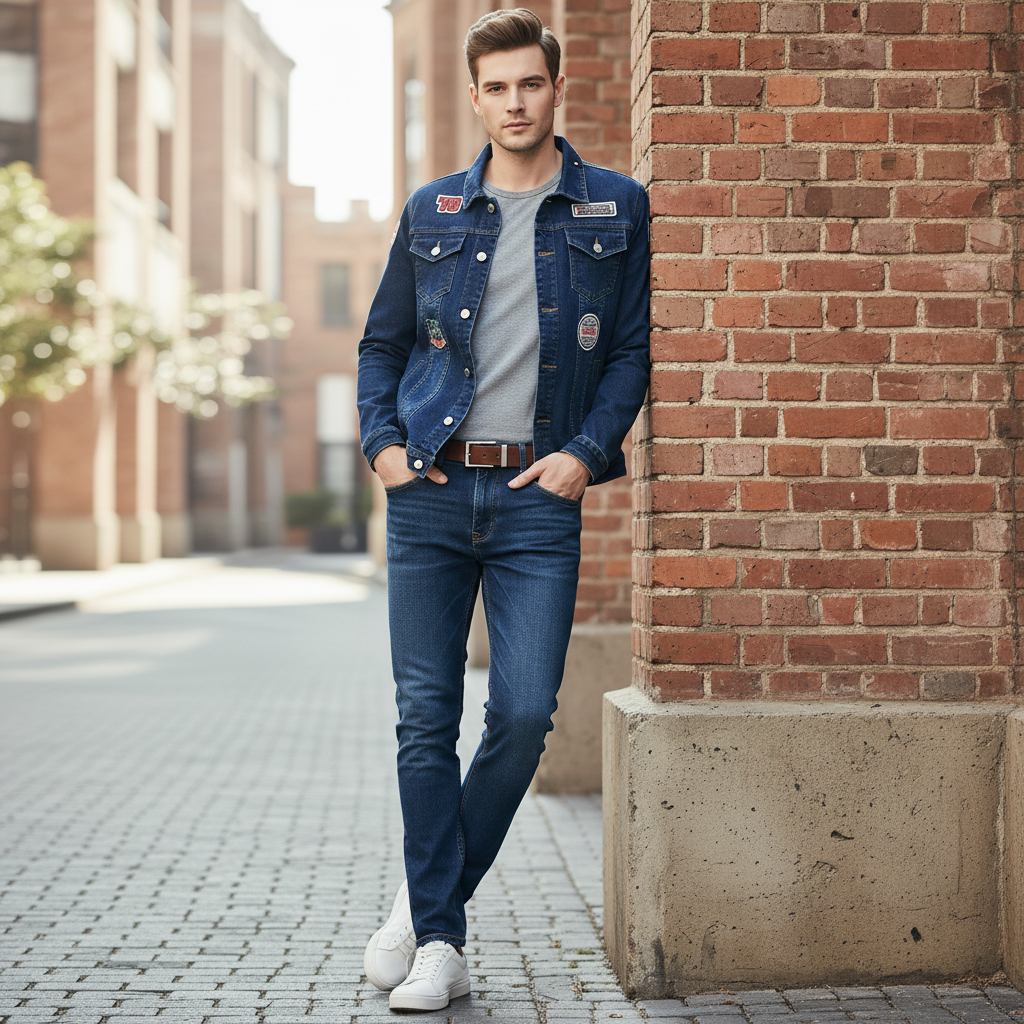 Men's Dark Wash Denim Jacket and Jeans Set, Slim Fit 2 Piece Casual Outfit with Vintage Patch Detail