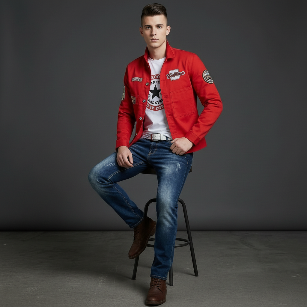 Men's Red Denim Jacket and Blue Jeans Set, Slim Fit Casual Streetwear Outfit with Patch Detail