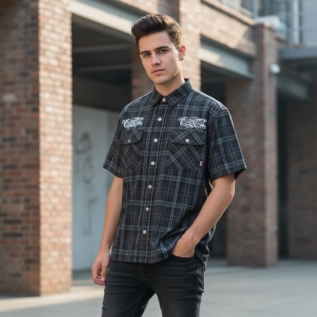 Chicano Safari Short Sleeve Shirt Mens Summer Streetwear Casual Loose Letter Embroidery Lapel Plaid Shirt Man