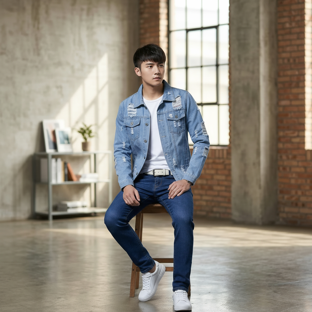 Light Blue Distressed Denim Jacket and Jeans Set for Men, Slim Fit Casual Streetwear Outfit