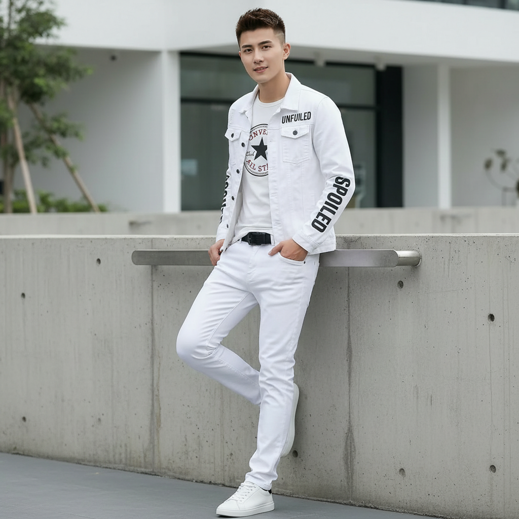 Men Slim Fit White Denim Jacket and Jeans Set, Slim Fit Jeans for Men, Streetwear Casual Suit, Printed Outfit