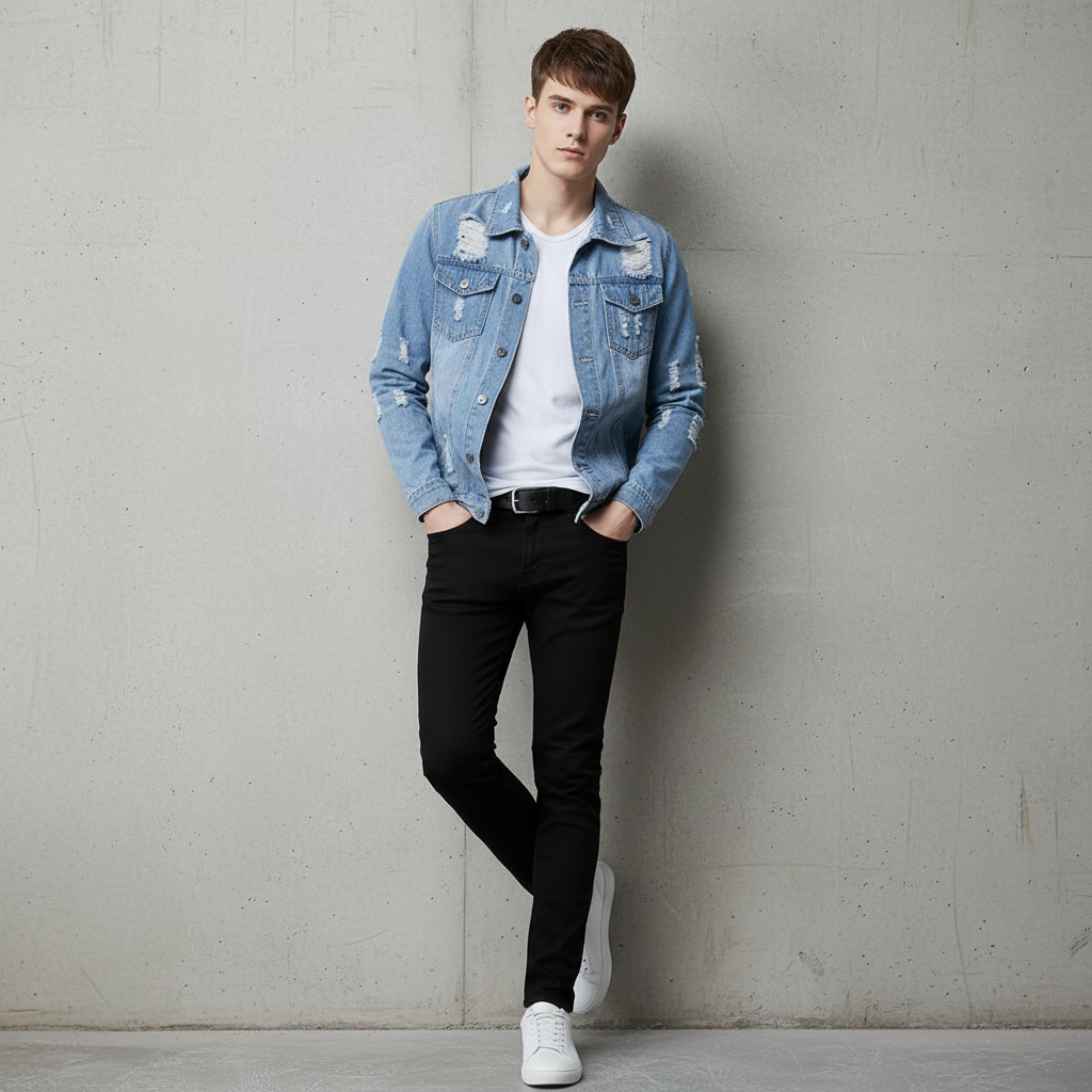 Men's Distressed Light Wash Denim Jacket, Slim Fit Streetwear Jean Coat for Casual Wear