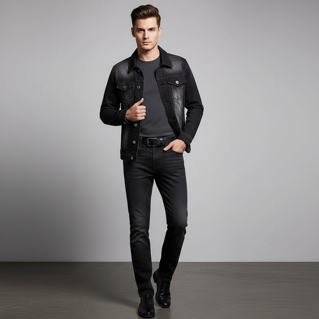 Men's Black Washed Denim Jacket and Jeans Set, Slim Fit Casual Street Style Outfit for Men