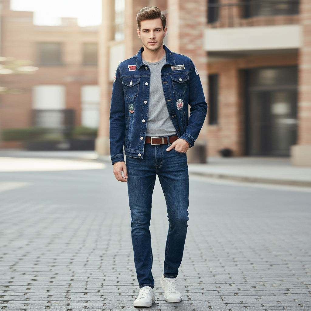 Men's Dark Wash Denim Jacket and Jeans Set, Slim Fit 2 Piece Casual Outfit with Vintage Patch Detail