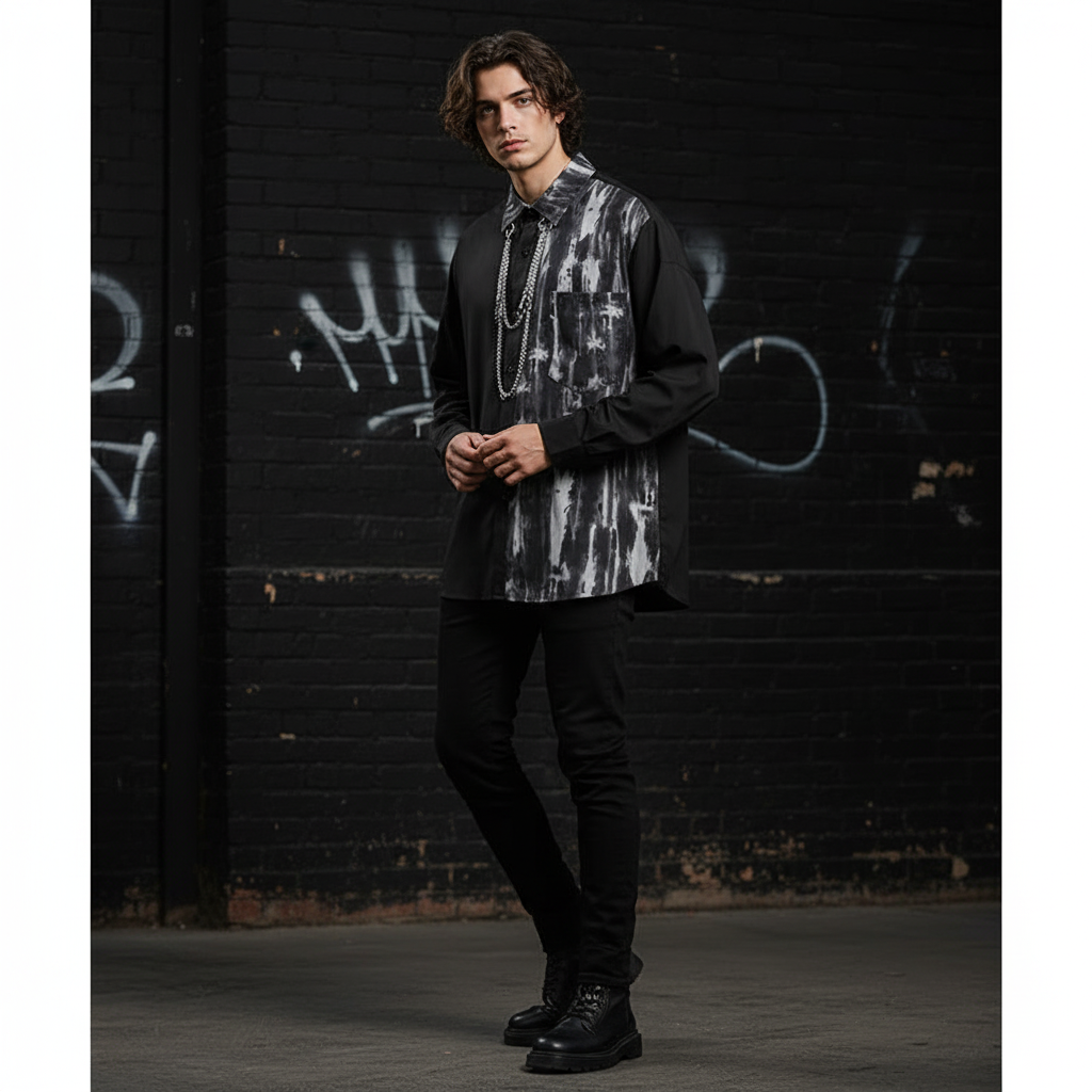 Spring Autumn New Fashion Turn-down Collar Long Sleeve Tie Dye Blouse Men's Clothing Patchwork Chain Button Korean Trend Shirts