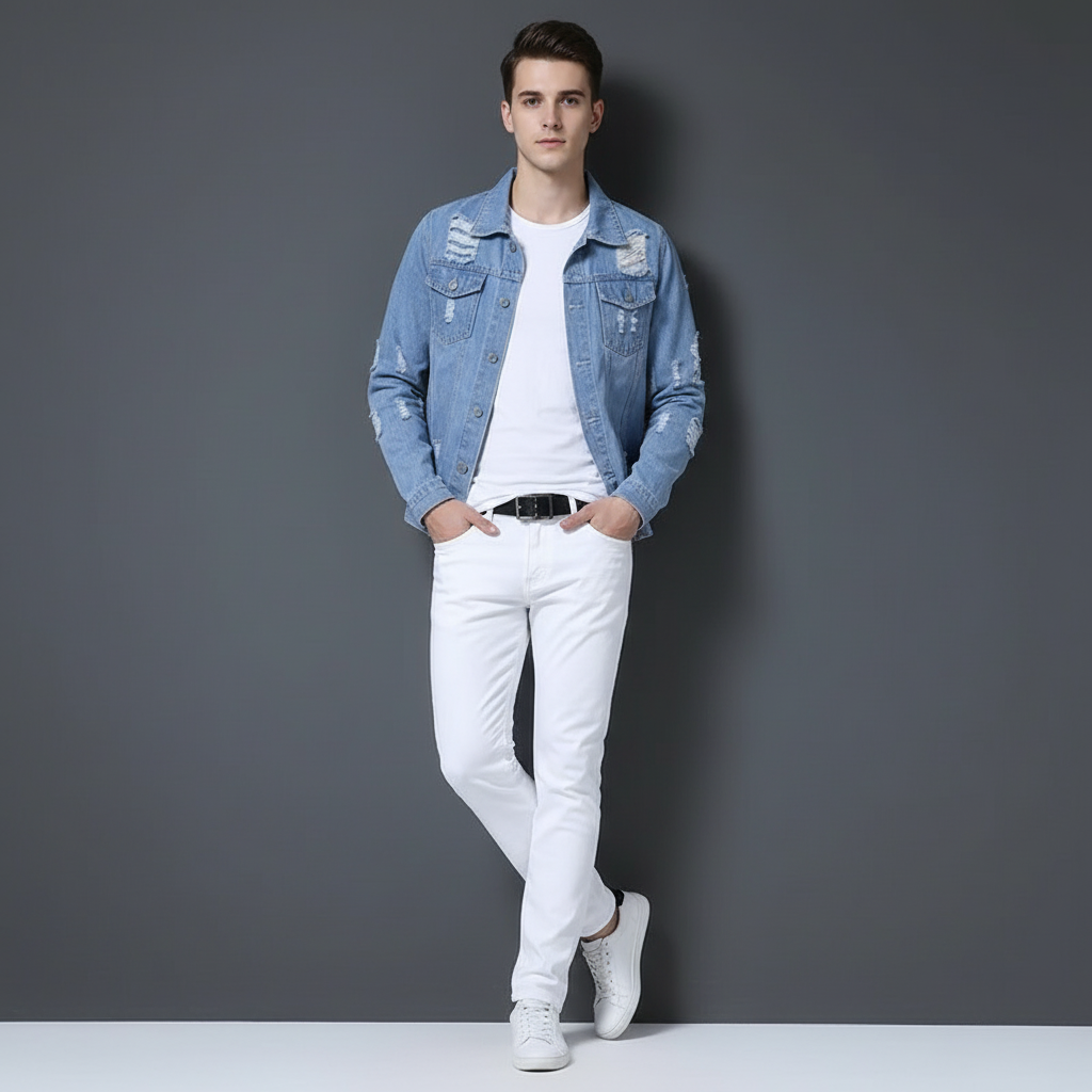 Men's Light Wash Denim Jacket and White Pants Set, Slim Fit Casual Streetwear Outfit for Men