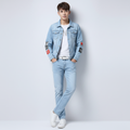 Men's Slim Fit Denim Jacket and Jeans Set, Light Blue Casual Streetwear Outfit with Patch Detail