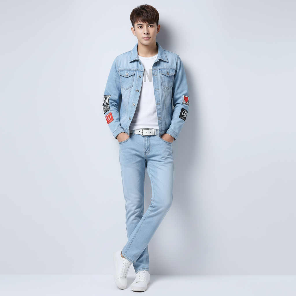 Men's Slim Fit Denim Jacket and Jeans Set, Light Blue Casual Streetwear Outfit with Patch Detail