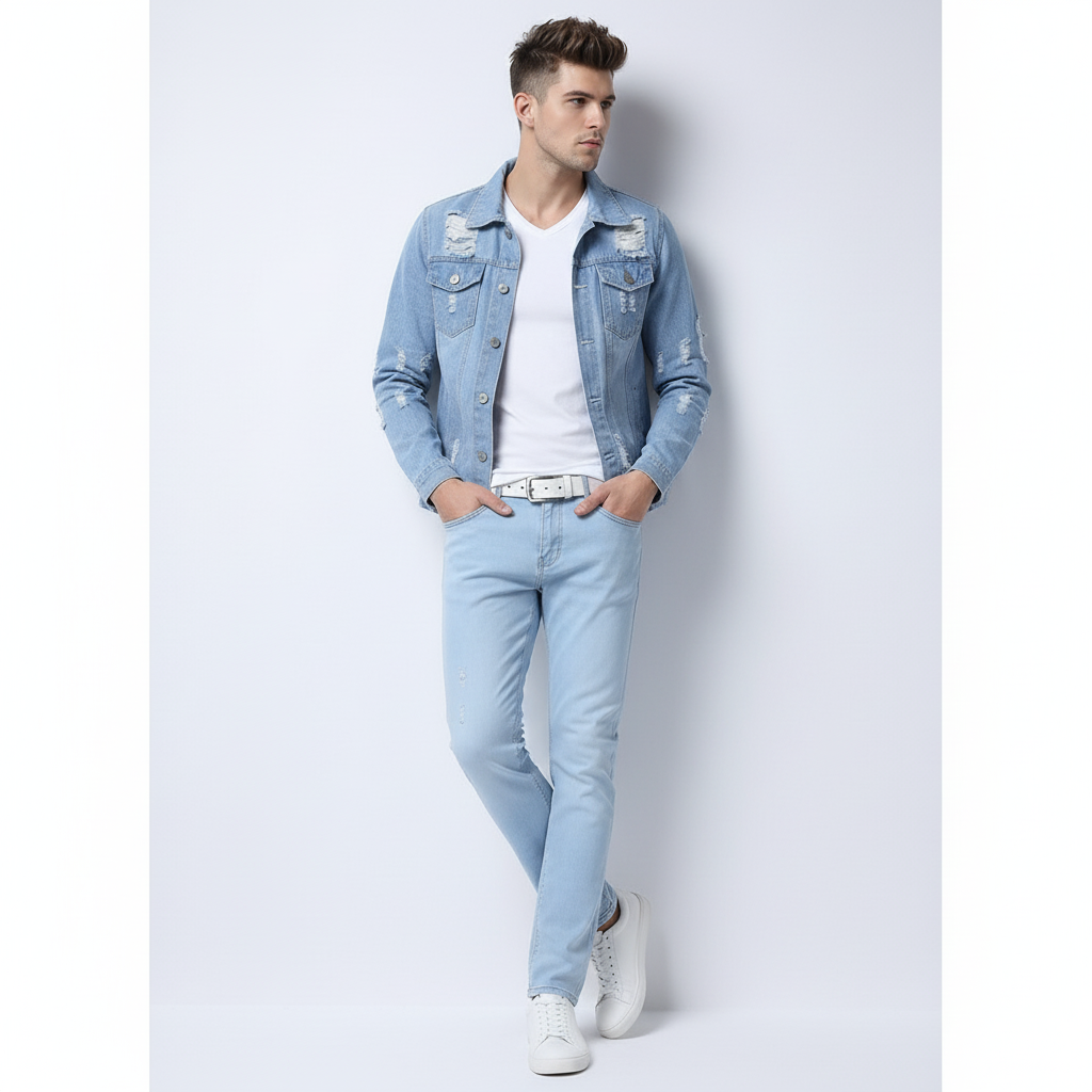 Men's Light Blue Denim Jacket, Ripped Slim Fit Jean Outerwear for Casual Street Style