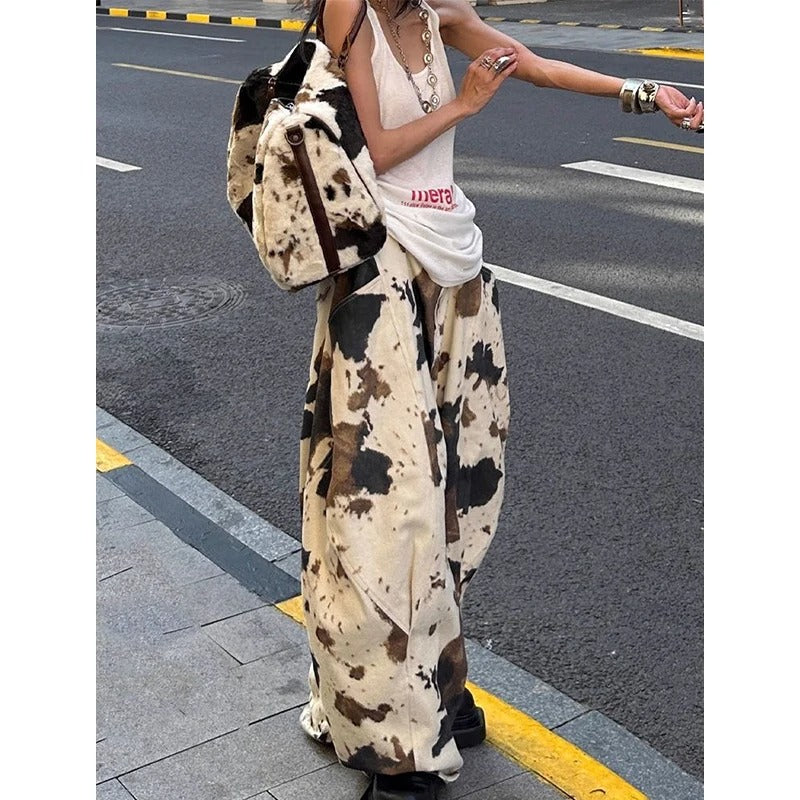 Women's Cow pattern Cargo Pants Harajuku Bent Knife Pants Japanese 2000s Style Vintage Oversize Hip Hop Trousers Clothes