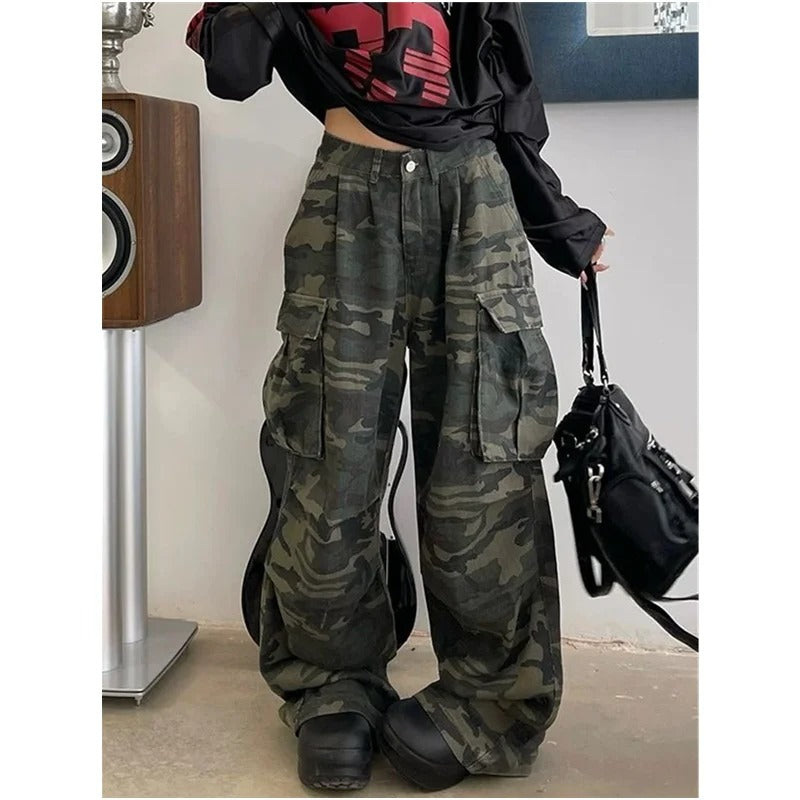 Military Green Womens Jeans High Waist Vintage Straight Baggy Denim Pants Hip Hop American Fashion Wide Leg Denim Trouser