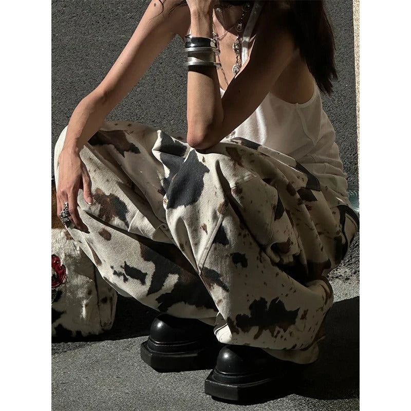 Women's Cow pattern Cargo Pants Harajuku Bent Knife Pants Japanese 2000s Style Vintage Oversize Hip Hop Trousers Clothes