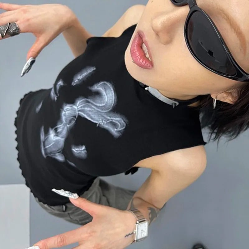Karrcat Trashy Tank Top Japanese 2000s Black Short Tops Vintage Harajuku Sleeveless Crop Top Cyber Punk Clothes Goth Summer