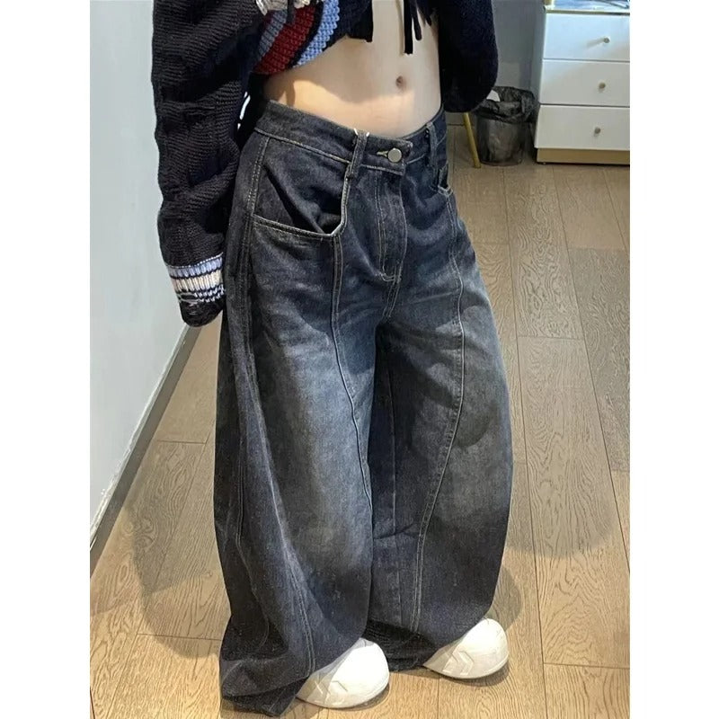 Black Womens Jeans High Waist Vintage Design Hip Hop Straight Baggy Denim Pants Street American Style Wide Leg Denim Trouser