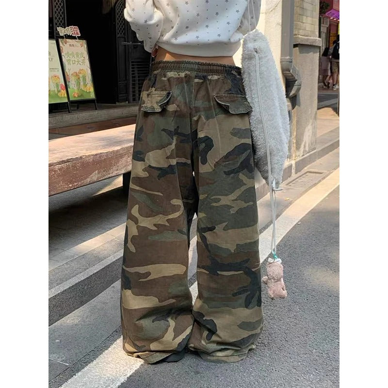 Men's Army Green Baggy Camouflage Pants Oversize Cargo Pants Harajuku Aesthetic 2000s Style Vintage Wide Leg Trousers Autumn