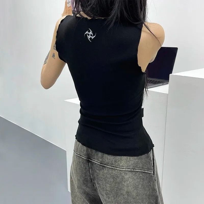Karrcat Trashy Tank Top Japanese 2000s Black Short Tops Vintage Harajuku Sleeveless Crop Top Cyber Punk Clothes Goth Summer