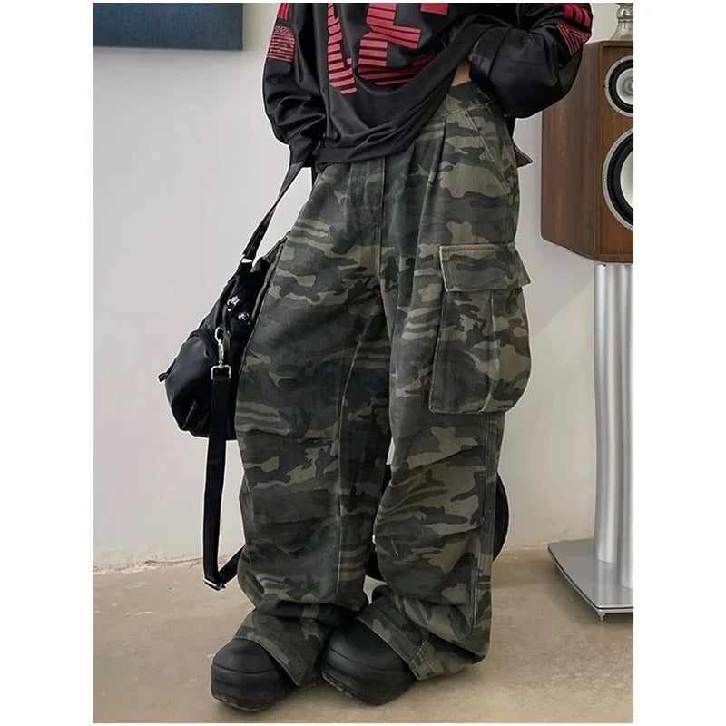 Military Green Womens Jeans High Waist Vintage Straight Baggy Denim Pants Hip Hop American Fashion Wide Leg Denim Trouser