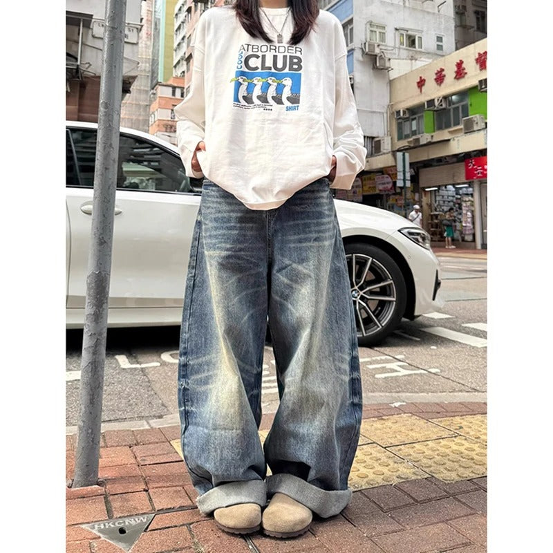 Women's Blue Oversize Jeans Harajuku Vintage Wide Leg Denim Trousers American Retro 2000s Style Boyfriend Jeans Pants Autumn