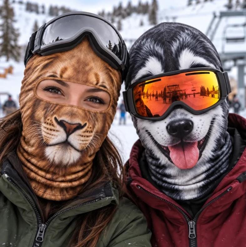 May include: Two balaclavas featuring realistic animal prints. One is a brown lion face with a tan muzzle, worn with black ski goggles. The other is a black and white husky dog face with a pink tongue, worn with orange-tinted ski goggles.