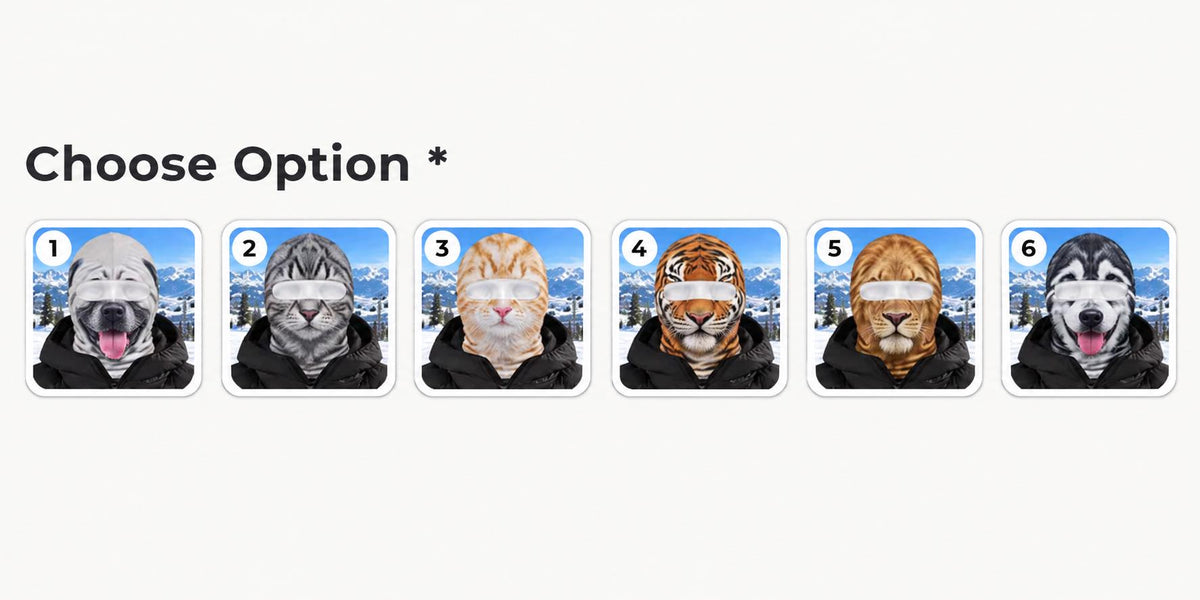 May include: Six balaclavas featuring realistic animal face prints, including a dog, cat, tiger, and lion, each numbered one through six. The masks are worn over the head and neck, paired with a black hooded jacket, against a snowy mountain background.