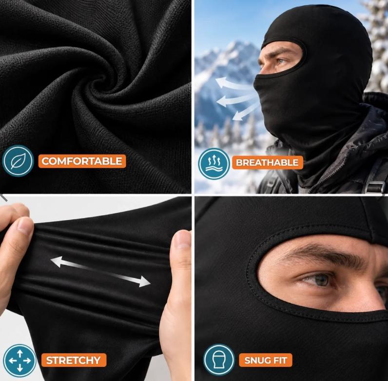 May include: A black balaclava featuring a smooth, flexible fabric texture, a single eye opening, and a close-fitting design. The image includes four panels highlighting the material, breathability, stretchiness, and the snug fit of the headgear.