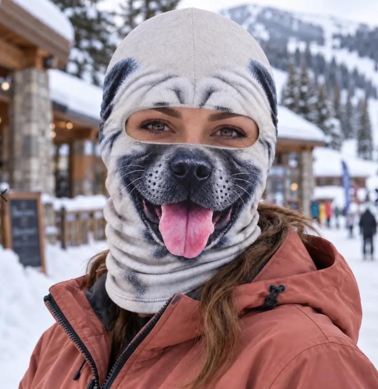 May include: A beige balaclava featuring a realistic, high-resolution print of a pug dog face. The design includes detailed fur textures, dark ears, a black nose, and a wide-open mouth with a pink tongue hanging out, centered around the eye opening.