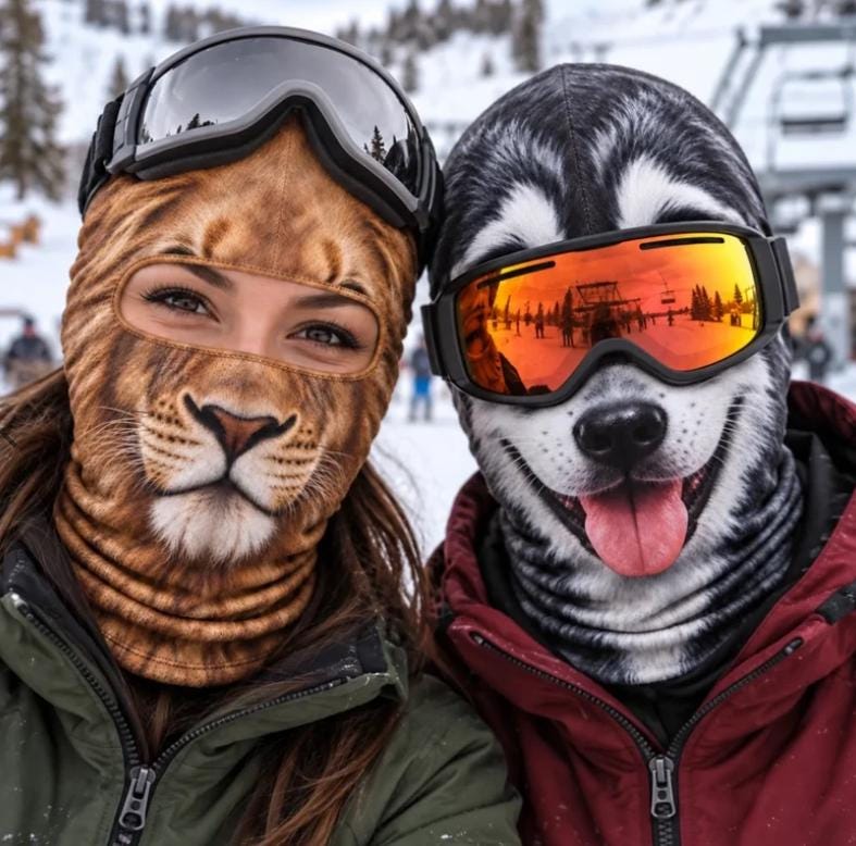 May include: Two balaclavas featuring realistic animal face prints. One balaclava displays a brown and tan lion face with a neutral expression, while the other shows a black and white husky dog face with an open mouth and tongue visible.