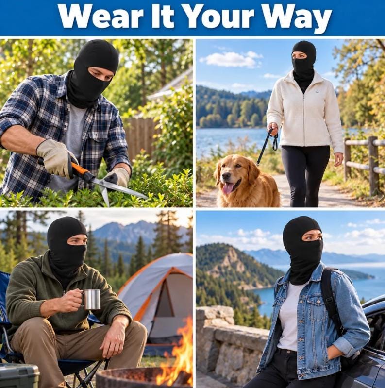 May include: A black balaclava face mask covering the head and neck, shown in four different outdoor settings. The mask features a single opening for the eyes and is made of a solid black fabric. The text "Wear It Your Way" appears at the top.