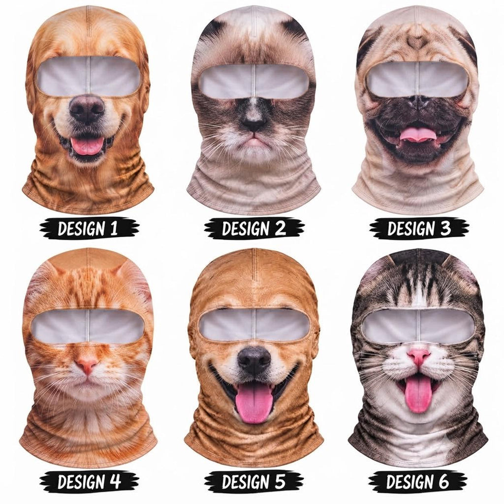 May include: Six balaclavas featuring realistic animal face prints. Design 1 shows a golden retriever, Design 2 a grumpy cat, Design 3 a pug, Design 4 an orange tabby cat, Design 5 a smiling dog, and Design 6 a grey tabby cat. Each mask has a single eye opening.