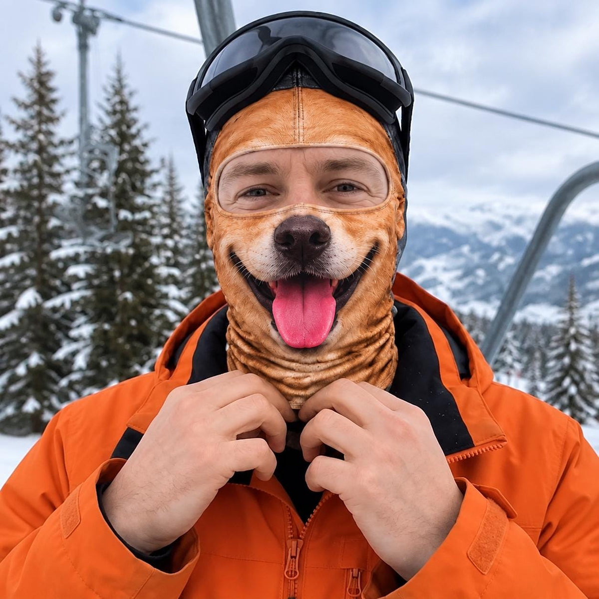 May include: A balaclava featuring a realistic brown dog face print with a wide smile, a black nose, and a bright pink tongue. The head covering is worn under black ski goggles and paired with a bright orange winter jacket with a front zipper.