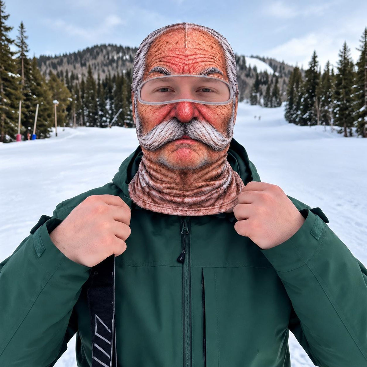 May include: A full-face balaclava featuring a realistic, high-definition print of an elderly person's face with deep wrinkles, a prominent nose, and a thick white handlebar mustache. The mask includes a clear, integrated horizontal eye opening.