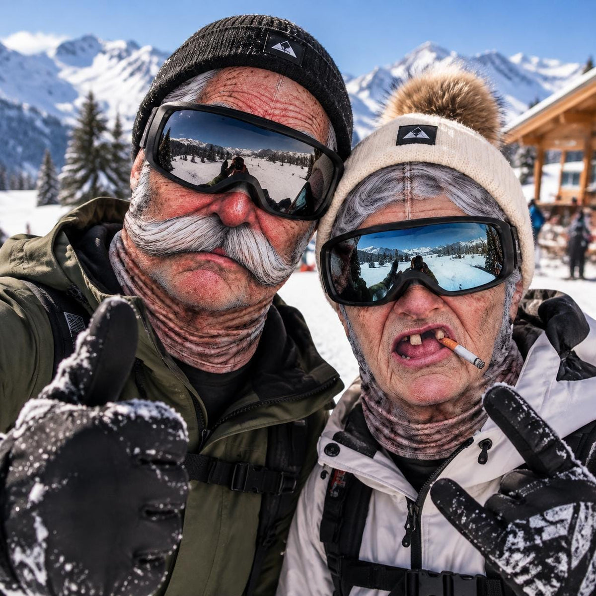 May include: Two individuals wearing winter gear, including black and cream-colored beanies, dark ski goggles with reflective lenses, and insulated jackets. One person has a prominent gray mustache, and the other has a cigarette in their mouth.
